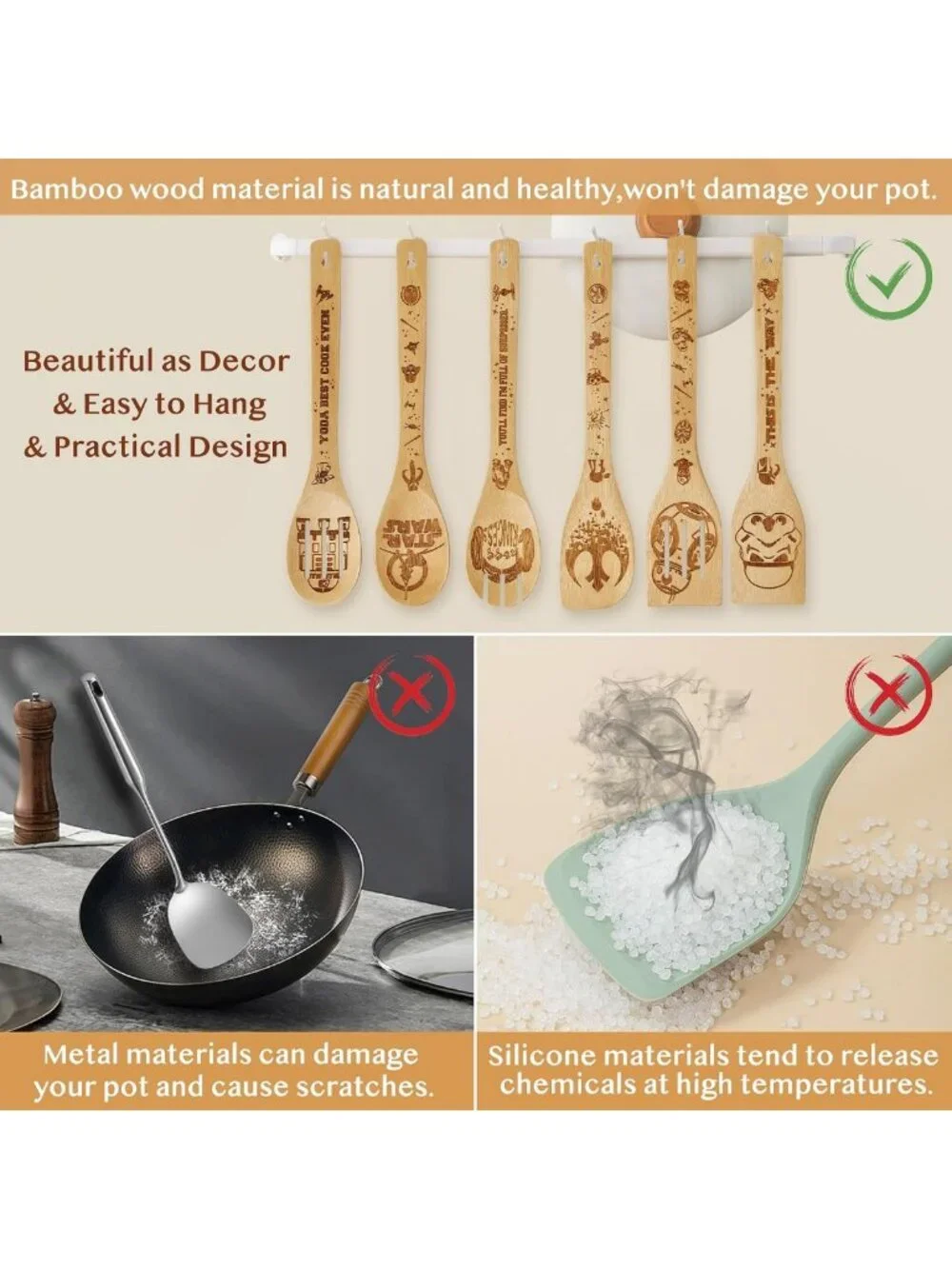7PCS Bamboo Cooking Utensils Set - Wooden Spoons & Spatulas for Kitchen Decor
